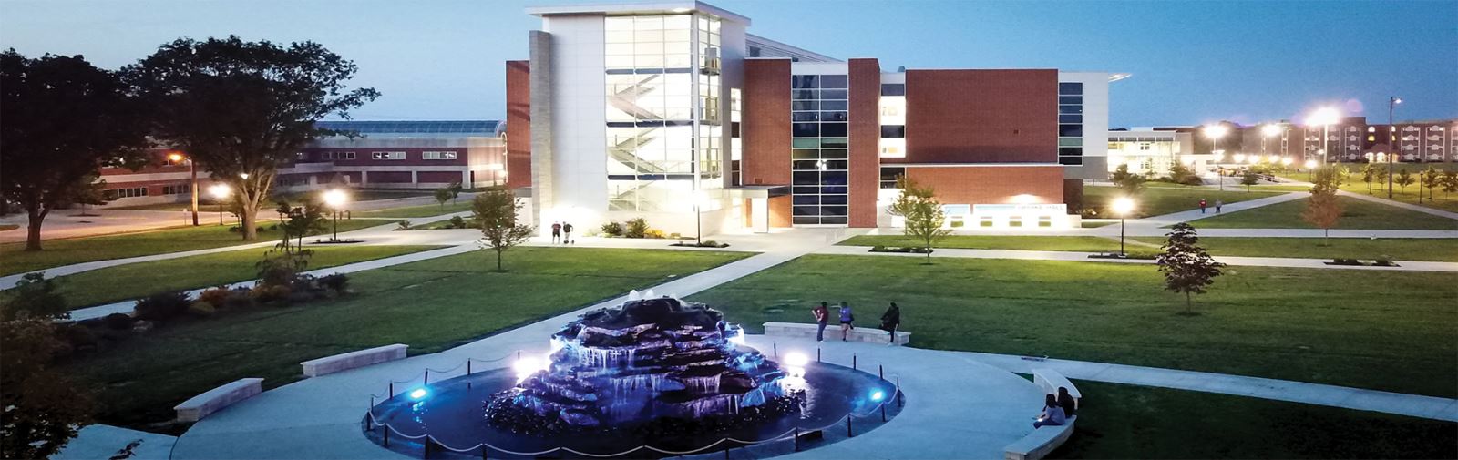 Fountain and Updike Hall in the evening